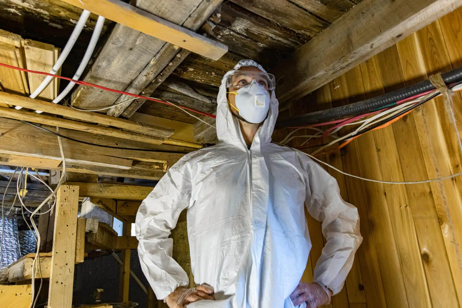 An operative in a coverall and disposable mask looking up at exposed joists, pipework and cabling in an unlit roof space.