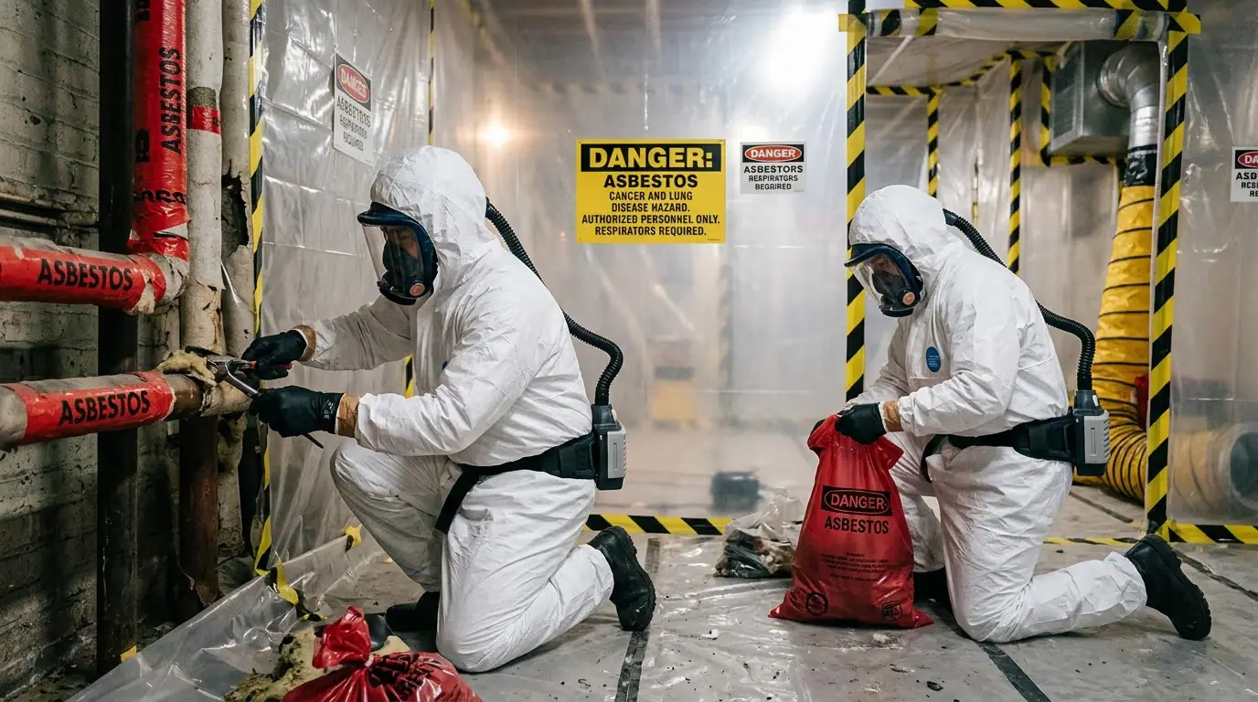 Two operatives in a sealed polythene enclosure with negative pressure ducting, stripping lagging from a pipe run into red asbestos waste sacks, under hazard warning signs.