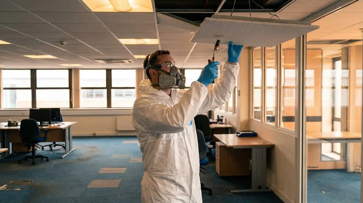 An operative in a coverall and half-mask respirator lifting a suspended ceiling tile out of its grid in an empty open-plan office.